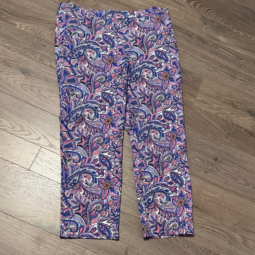 Isaac Mizrahi Paisley 24/7 ankle Pants in Purple, coral and Navy.